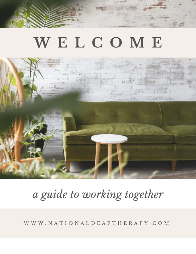 Image of a couch in an office with plants, WELCOME and a guide to working together by www.nationaldeaftherapy.com